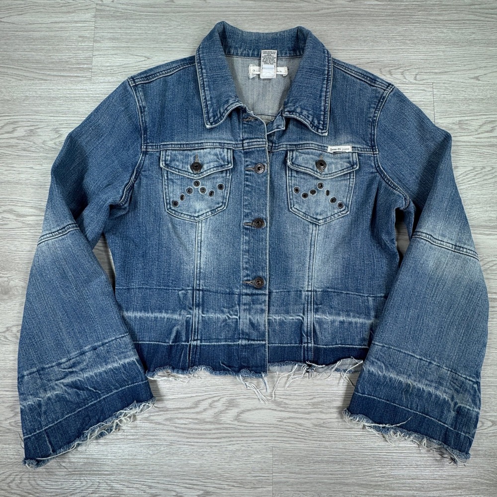 Zana-Di Women's Denim Jacket Blue Large Cropped Grommet Flared Sleeve Raw Hem